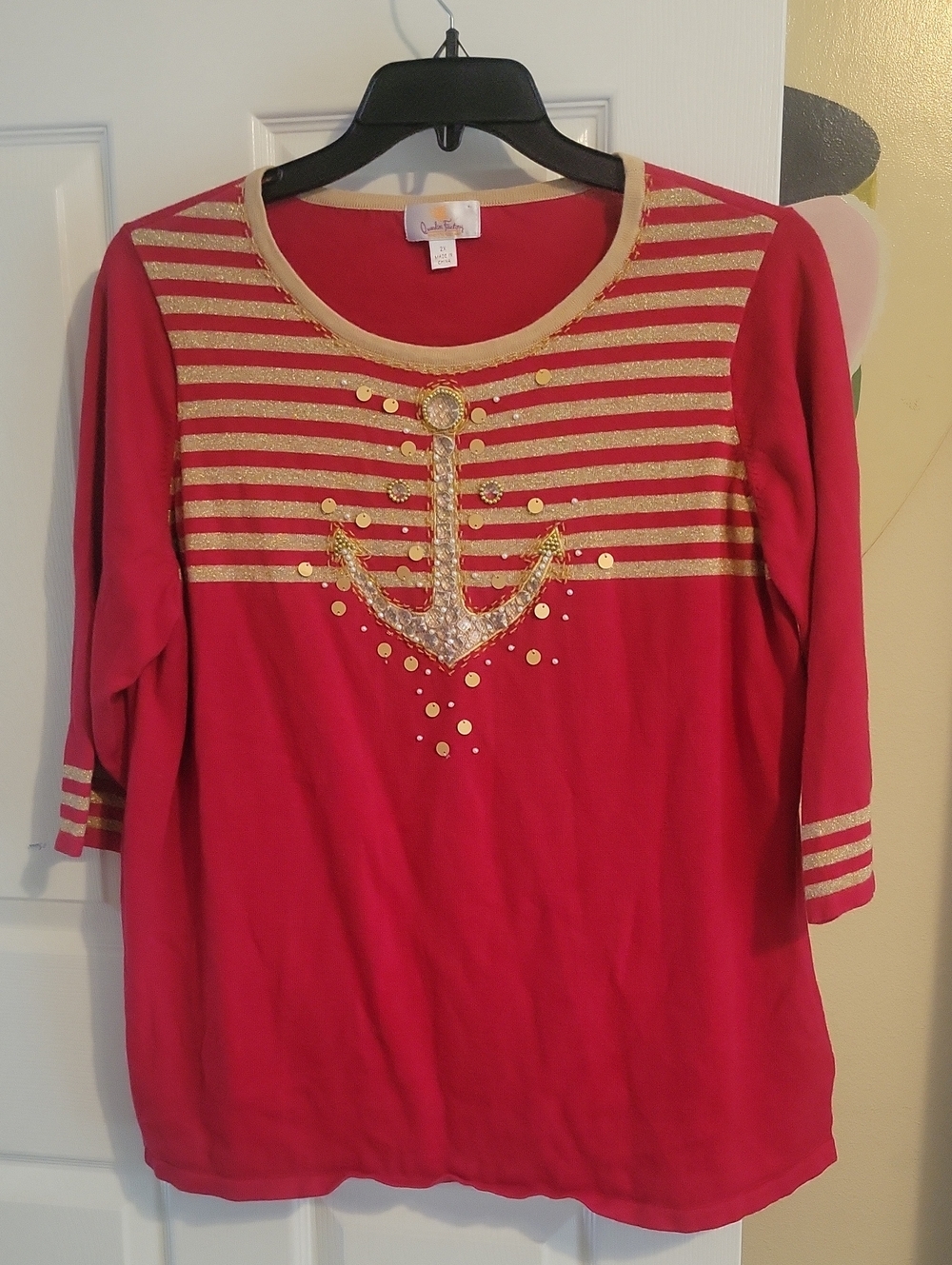 Quacker Factory 2X Rami/Cotton 3/4 Sleeve Anchor with Gold Sequins bead Accents